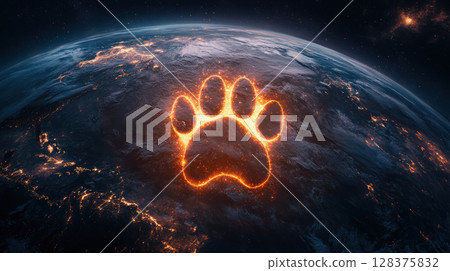 Glowing paw print over Earth backdrop with illuminated city lights, symbolizing global focus and connection in cosmic setting Glowing paw print over Earth backdrop with illuminated city lights, symbolizing global focus and connection in cosmic setting 128375832