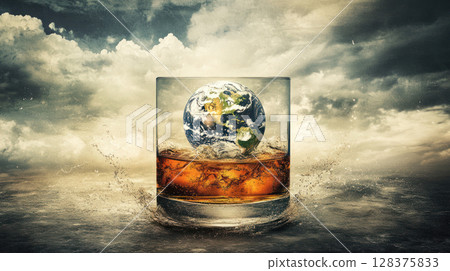 Glass of whisky with splash holds world inside, celebrating day with unique and imaginative concept of global enjoyment 128375833