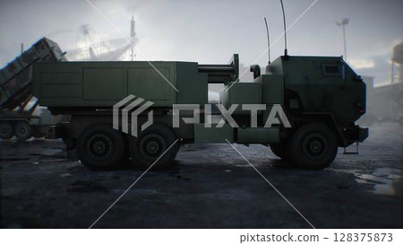 American High Mobility Artillery Rocket System. Military base. 3d rendering. 128375873