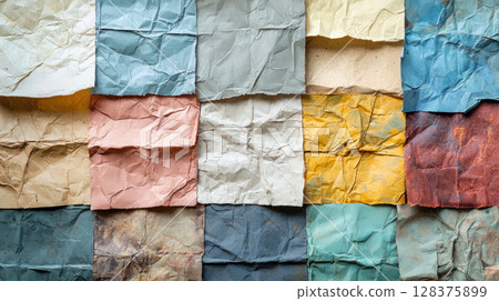 Crumpled colorful paper sheets arranged in grid, showcasing earthy tones and textured, recycled aesthetic Crumpled colorful paper sheets arranged in grid, showcasing earthy tones and textured, recycled aesthetic 128375899