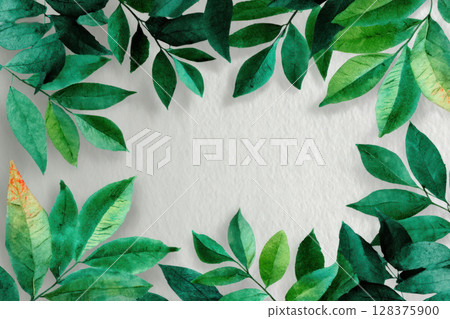 Watercolor green leaves forming rectangle border on textured white background, evoking fresh and natural feel 128375900