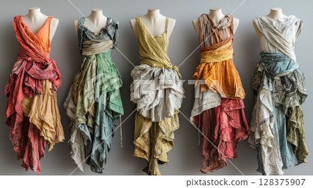 Colorful sustainable dresses made from recycled materials, showcasing eco friendly fashion and conscious consumerism 128375907