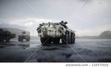 Military russian base. Russian battle armored infantry vehicle. 3d rendering. Military russian base. Russian battle armored infantry vehicle. 3d rendering. 128375938