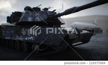 Military american base. American battle tank 3d rendering. Military american base. American battle tank 3d rendering. 128375984