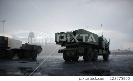American High Mobility Artillery Rocket System. Military base. 3d rendering. 128375990