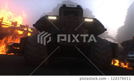 apocalyptic war machine drives through a destroyed burning city. 3d rendering. apocalyptic war machine drives through a destroyed burning city. 3d rendering. 128376011