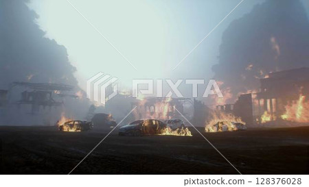 apocalyptic burning city. Armageddon. 3d rendering. 128376028
