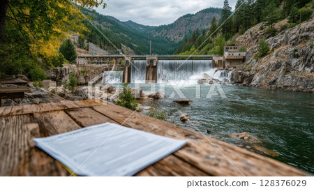 Hydroelectric dam with water flowing and investment documents wooden table natural landscape, representing infrastructure 128376029
