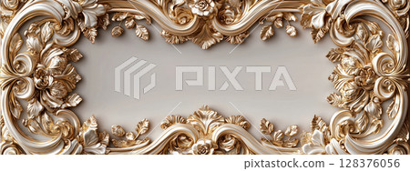 Ornate golden floral frame with intricate swirls and roses on neutral background, exuding elegance and sophistication 128376056