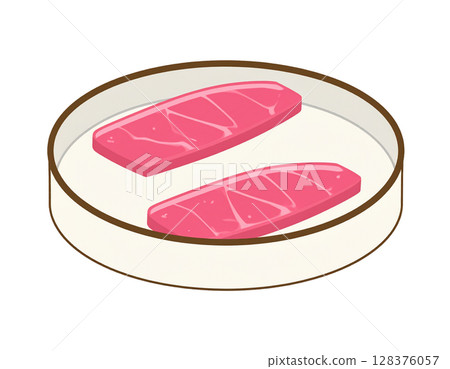 Illustration of artificial cultured meat in a petri dish 128376057