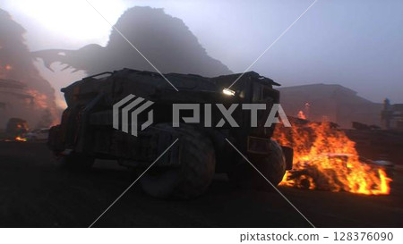 apocalyptic war machine drives through a destroyed burning city. 3d rendering. apocalyptic war machine drives through a destroyed burning city. 3d rendering. 128376090