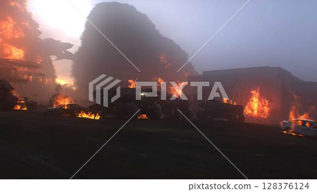 apocalyptic war machine drives through a destroyed burning city. 3d rendering. 128376124