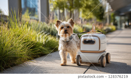 Small dog with robotic pet walker and retractable leash in urban park on sunny day showing mobility innovation 128376219