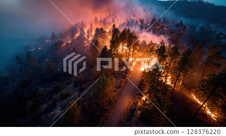 Wildfire spreading through dry forest with smoke and flames at night creating intense fiery atmosphere 128376220