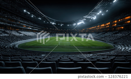 Modern soccer stadium empty seats green pitch night lighting curved roof spectator view illuminated arena black and white seats 128376221