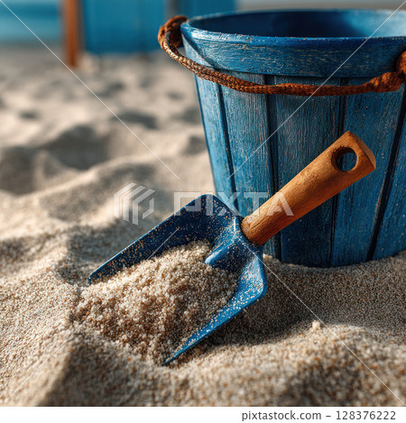Blue wooden bucket and shovel with sand grains detail on sandy beach closeup Blue wooden bucket and shovel with sand grains detail on sandy beach closeup 128376222