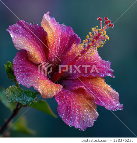 Hibiscus flower with dew drops and rich color gradients showing vibrant petals and delicate texture in natural light 128376233