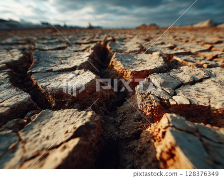 Cracked earth during extreme drought with deep fissures and dry soil under cloudy sky creating dramatic and harsh landscape 128376349