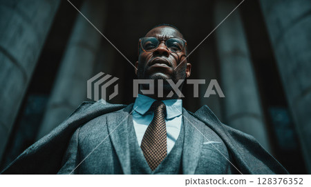 Confident businessman wearing glasses and suit stands with determination in front of tall stone columns, showing leadership 128376352