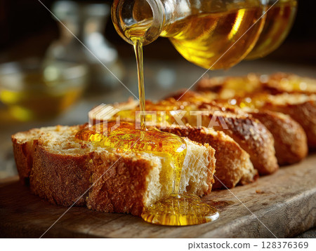 Golden oil pouring over fresh sliced bread on wooden board, creating warm and appetizing scene Golden oil pouring over fresh sliced bread on wooden board, creating warm and appetizing scene 128376369