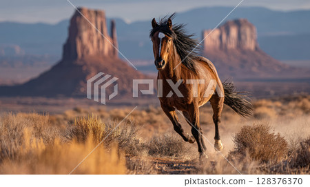 Wild horse running freely across desert landscape with flowing mane and dramatic rock formations in warm sunset light 128376370