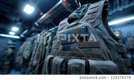 Modular tactical vest with electronic components and armor plating hanging in equipment room with fluorescent lighting 128376376