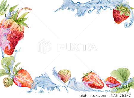 Strawberry berries leaves flying in water splash dew drops, ripe garden pineberry strasberry snakeberry hand drawn in watercolor. Isolated border corner frame. Farmers market, food and drink packaging Strawberry berries leaves flying in water splash dew drops, ripe garden pineberry strasberry snakeberry hand drawn in watercolor. Isolated border corner frame. Farmers market, food and drink packaging 128376387