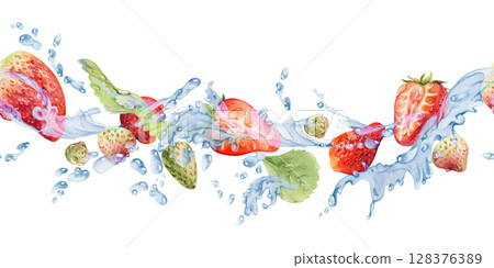 Strawberry flying in water splash with leaves, dew drops, ripe summer garden forest berry strasberry hand drawn in watercolor. Isolated seamless banner. Home preserves, stationery, menu, recipe book Strawberry flying in water splash with leaves, dew drops, ripe summer garden forest berry strasberry hand drawn in watercolor. Isolated seamless banner. Home preserves, stationery, menu, recipe book 128376389