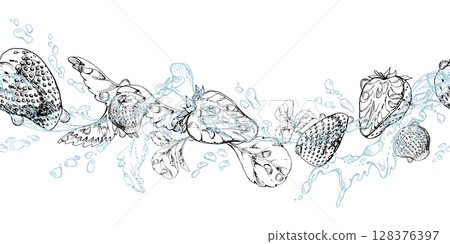 Strawberry flying in water splash with leaves, dew drops, ripe summer garden forest berry strasberry hand drawn in vector ink. Isolated seamless banner. Home preserves, stationery, menu, recipe book 128376397