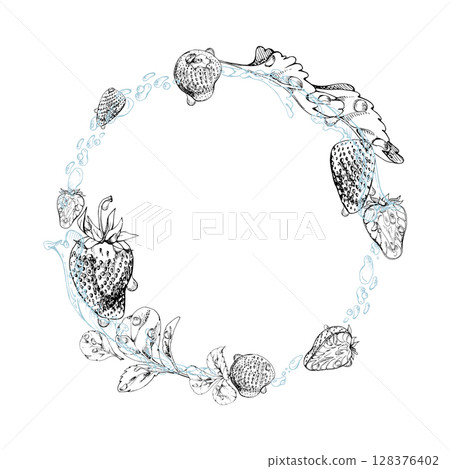 Strawberry berries leaves wreath flying in water splash dew drops, ripe garden pineberry strasberry snakeberry hand drawn in vector ink. Isolated circle frame. Fresh grocery store, drinks packaging Strawberry berries leaves wreath flying in water splash dew drops, ripe garden pineberry strasberry snakeberry hand drawn in vector ink. Isolated circle frame. Fresh grocery store, drinks packaging 128376402