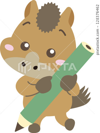 一隻可愛的馬角色小心翼翼地拿著一支鉛筆 | 可用於學習、教育和文具的插圖材料 128376462