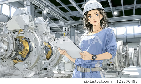 一名女員工在工廠進行安全檢查的插畫素材 一名女員工在工廠進行安全檢查的插畫素材 128376483
