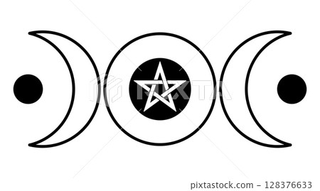 Triple Moon. Crop circle pattern, found 2025 in Wiltshire. Popular Wiccan and pagan symbol representing waxing, full and waning phase of the moon. With intertwined pentagram in the center of the moon. 128376633