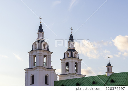 Shot of the domes of the orthodox church. Shot of the domes of the orthodox church. 128376697