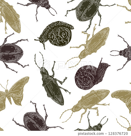 Fireflies, May beetles, and garden snails outline vector seamless pattern in muted natural tones. Bugs silhouette hand drawn on repeat background for packaging, beetles design textile, print. Fireflies, May beetles, and garden snails outline vector seamless pattern in muted natural tones. Bugs silhouette hand drawn on repeat background for packaging, beetles design textile, print. 128376720
