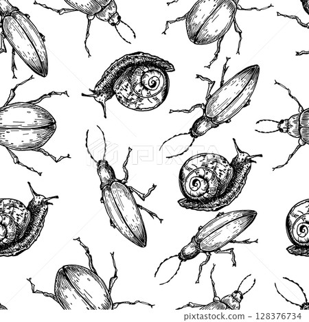 Bugs and snails outline vector seamless pattern. Black and white repeated background of longhorn beetles, scarabs, and spiral shelled snails. Monochrome insect hand drawn for naturalist print. Bugs and snails outline vector seamless pattern. Black and white repeated background of longhorn beetles, scarabs, and spiral shelled snails. Monochrome insect hand drawn for naturalist print. 128376734