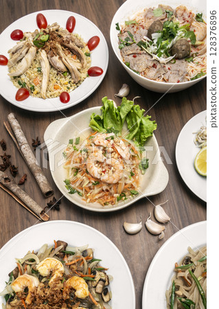 popular traditional vietnamese food dishes on restaurant table in vietnam 128376896