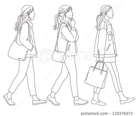 Walking woman line drawing illustration set 02 128376973