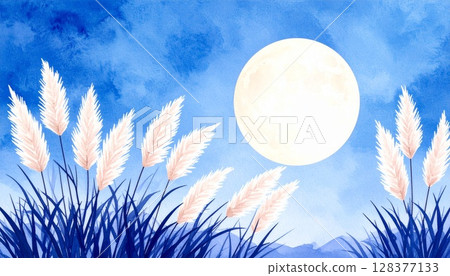 日本蒲葦與月亮的背景插圖 128377133