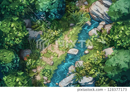 River and water for DND map. Old hut with barrels and forest creates mystic vibe. Great for fantasy game design. 128377173