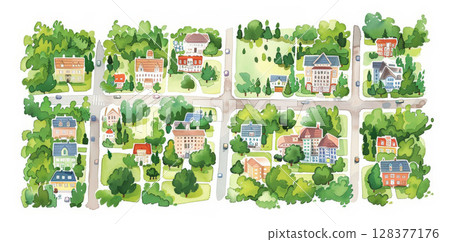 City map with streets, homes, greenery, white background, children's illustration. Fun design brings playful town vibe. 128377176