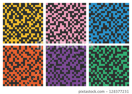 Seamless pattern set with 8 bit pixel design. Abstract pixelated art for cover, textile, print, banner, backdrop. 128377231