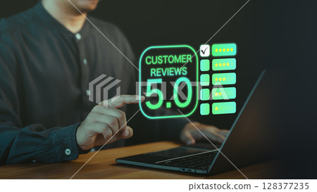 Male customer take a satisfaction survey using an online application to evaluate their service experience for customer satisfaction ratings and reviews with a highlighted 5-star rating. 128377235