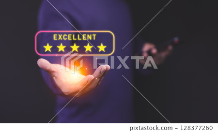 Male customer holding a glowing five star customer review, symbolizing high-quality service and positive customer satisfaction in online shopping, testimonial, and user experience evaluation. 128377260