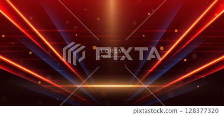 Glowing neon blue and red with lighting effect sparkle on red background. Template premium award design. 128377320