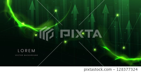 Arrow up finance chart stock market growth glowing light effect on dark green background. 128377324