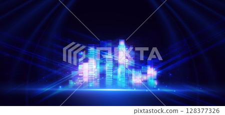 Futuristic smart city night skyscrapers on dark blue background. Technology connection data communication city concept. Futuristic smart city night skyscrapers on dark blue background. Technology connection data communication city concept. 128377326