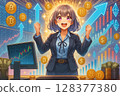 一位年輕女子慶祝她在加密貨幣交易中的成功 128377380
