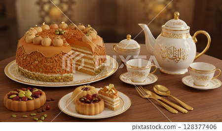 Elegant arabic tea set with pistachio cake and sweets for festive gatherings 128377406