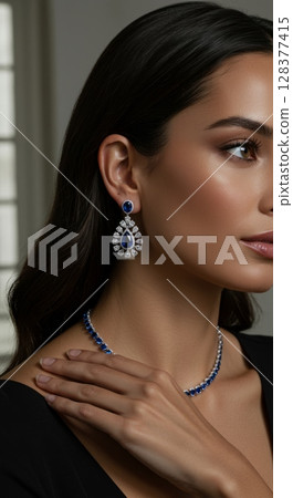 Elegant jewelry fashion featuring sapphire earrings and necklace for luxurious style 128377415